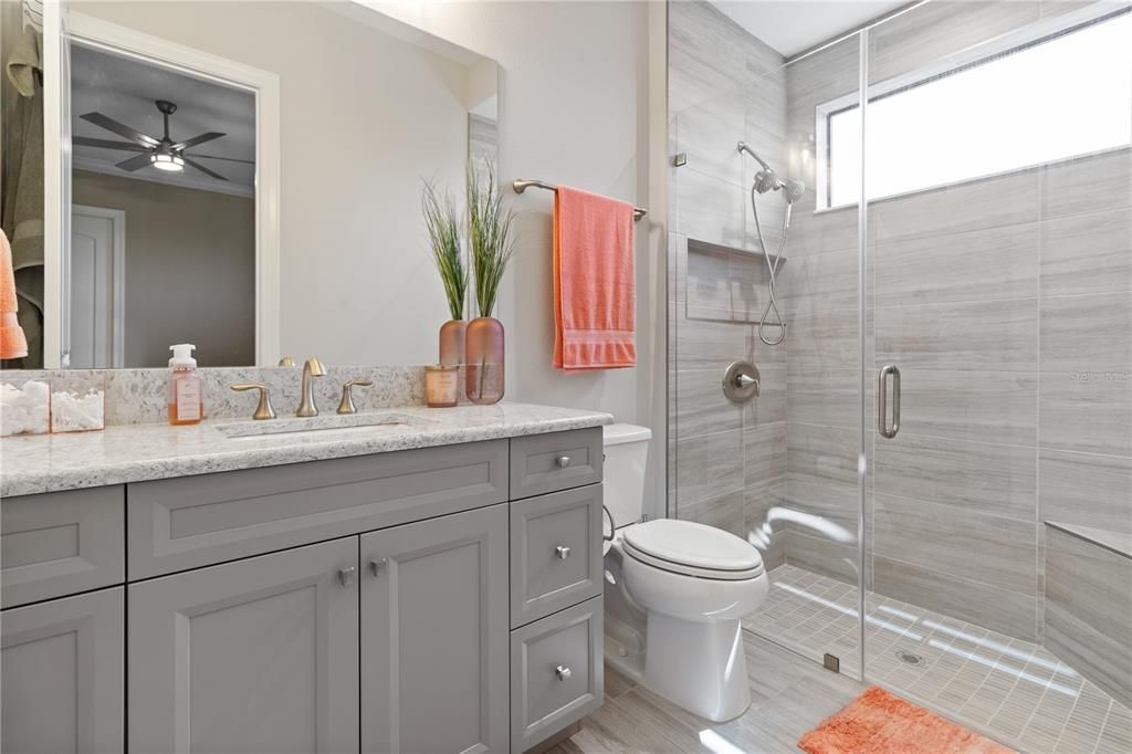 Bathroom, Glass Shower, Interior, Wood Texture Flooring