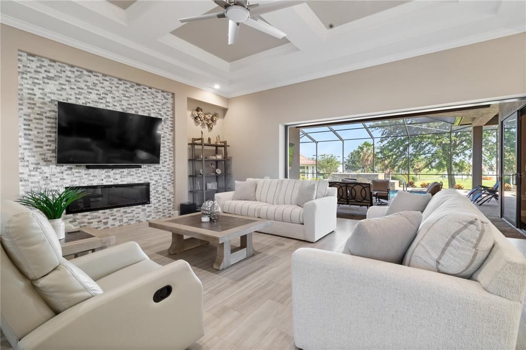 Fireplace, Interior, Living room, Recessed Lighting, Wood Texture Flooring