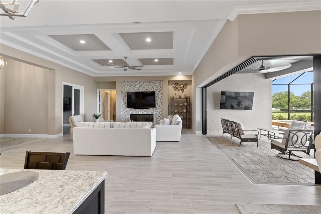 Fireplace, Interior, Living room, Recessed Lighting, Wood Texture Flooring