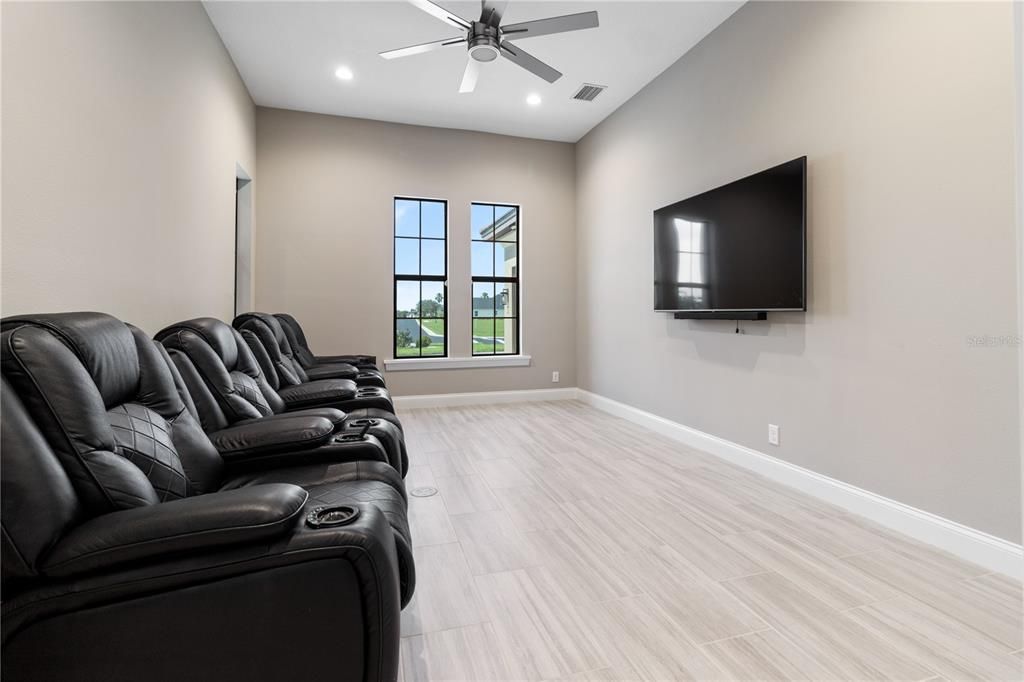 Home Theatre Room, Interior, Recessed Lighting, Theatre Room, Wood Texture Flooring