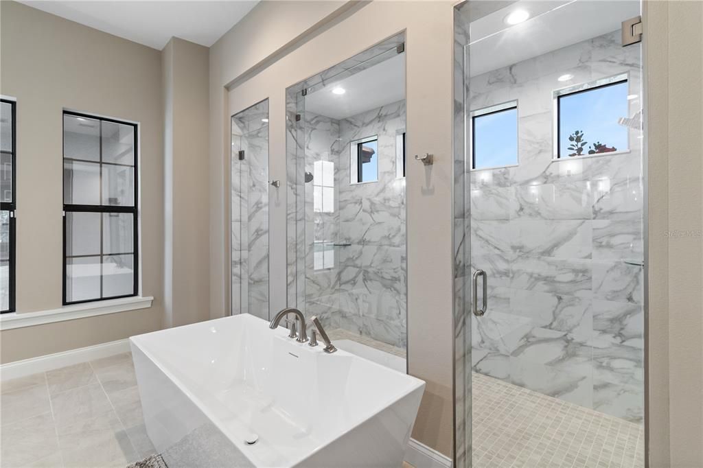 Bathroom, Glass Shower, Interior, Marble Walls, Recessed Lighting