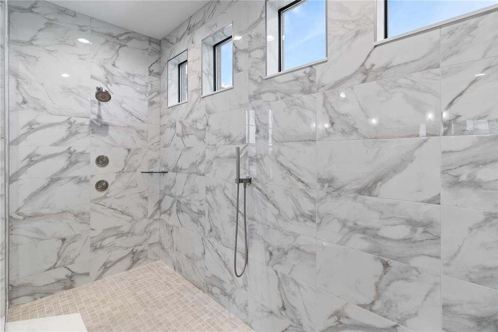 Bathroom, Interior, Marble Walls, Recessed Lighting