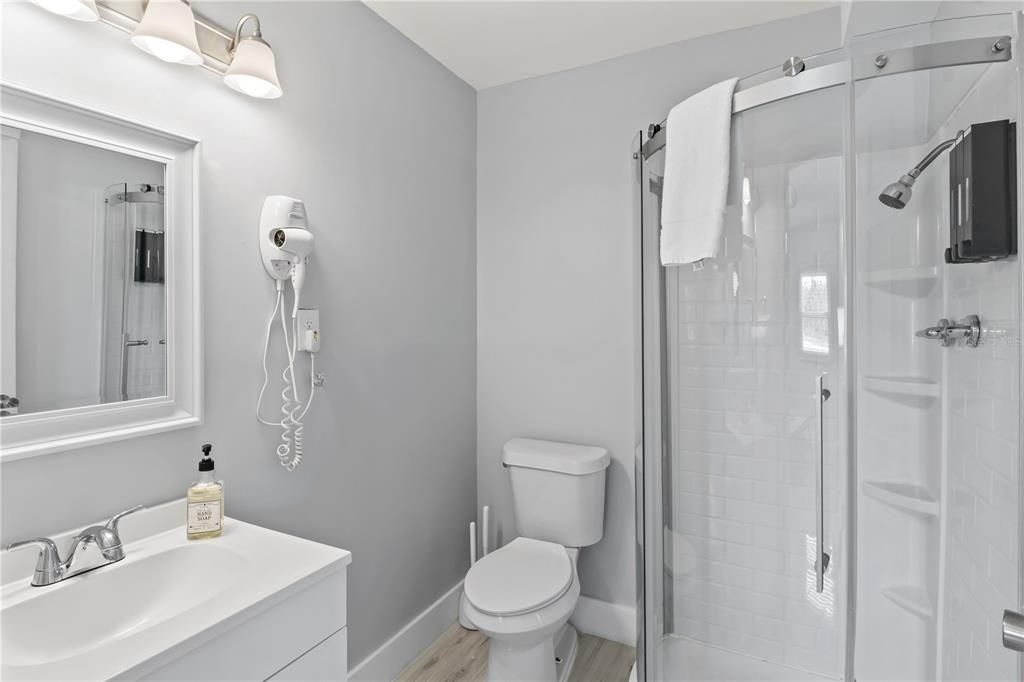 Bathroom, Glass Shower, Interior, Wood Texture Flooring