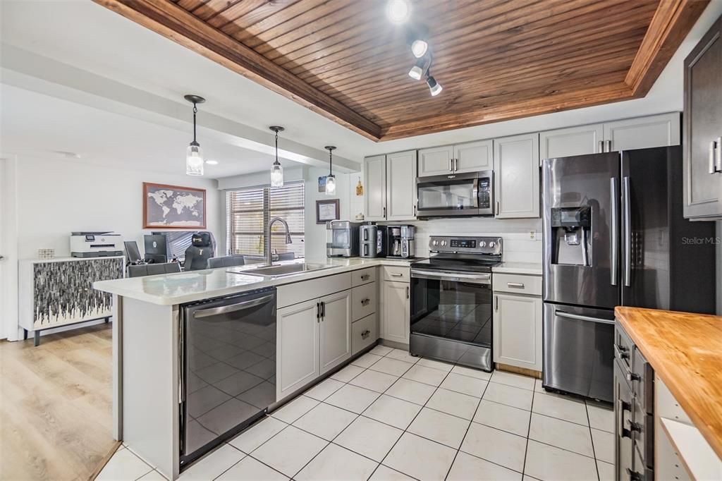Interior, Kitchen, Pendant Lights, Stainless Steel Appliances, Wooden Ceilings, Wood Texture Flooring