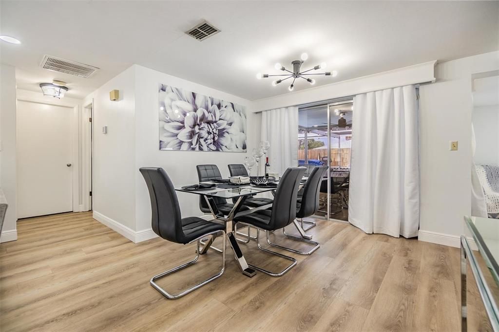 Dining room, Interior, Pendant Lights, Recessed Lighting, Wood Texture Flooring