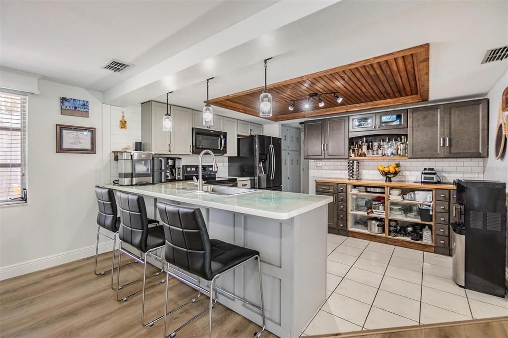 Interior, Kitchen, Pendant Lights, Recessed Lighting, Stainless Steel Appliances, Wooden Ceilings, Wood Texture Flooring