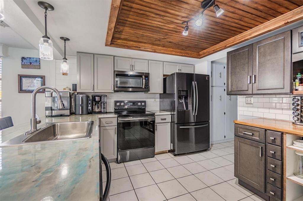 Interior, Kitchen, Pendant Lights, Stainless Steel Appliances, Wooden Ceilings