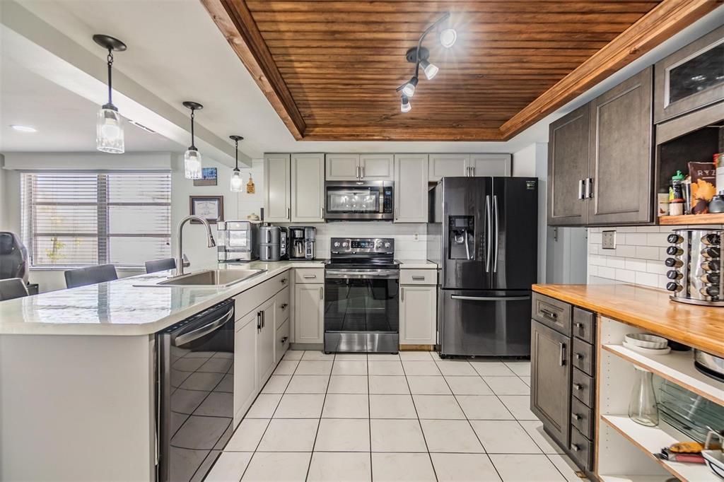 Interior, Kitchen, Pendant Lights, Recessed Lighting, Stainless Steel Appliances, Wooden Ceilings