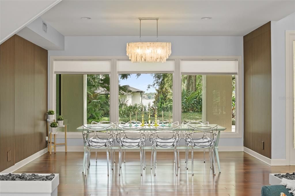 Chandelier, Dining room, Interior, Recessed Lighting, Wood Texture Flooring