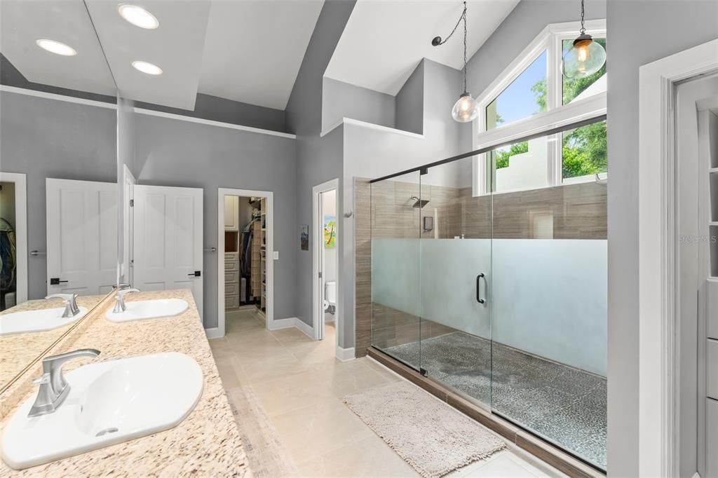 Bathroom, Dual Sink Vanities, Glass Shower, Interior, Pendant Lights, Recessed Lighting