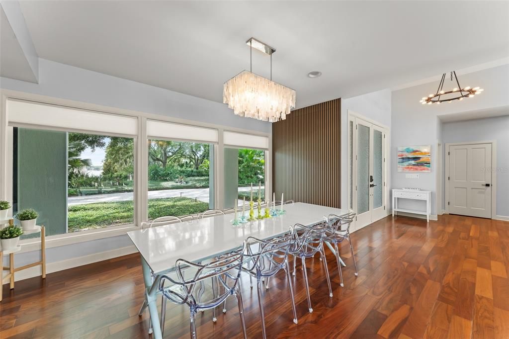 Chandelier, Dining room, Interior, Pendant Lights, Recessed Lighting, Wood Texture Flooring