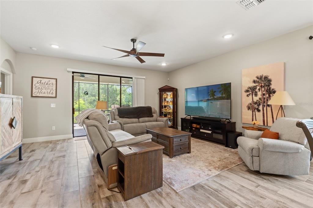 Fireplace, Interior, Living room, Recessed Lighting, Wood Texture Flooring