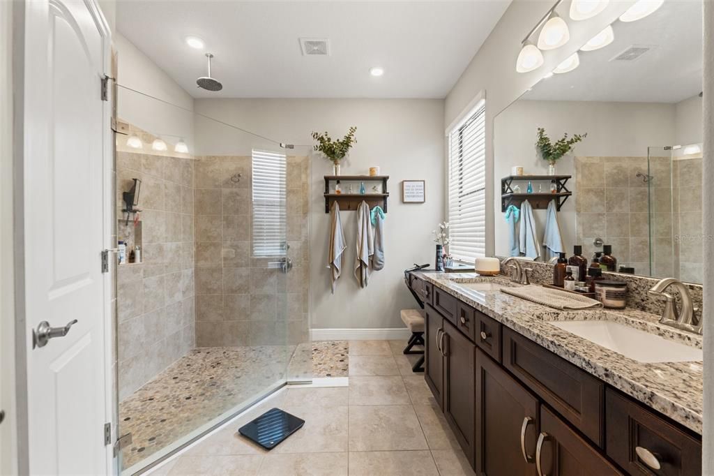 Bathroom, Dual Sink Vanities, Glass Shower, Interior, Recessed Lighting