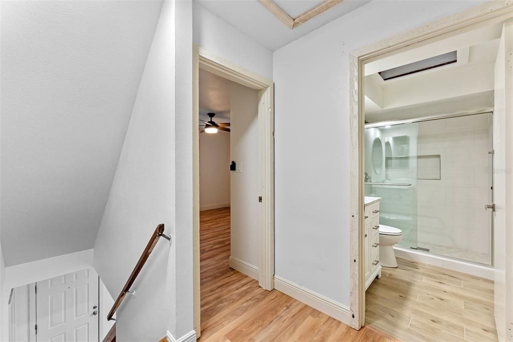 Bathroom, Glass Shower, Interior, Wood Texture Flooring