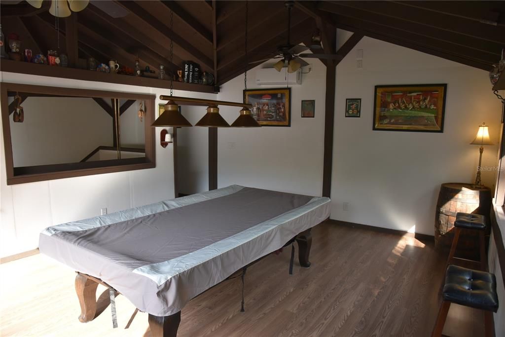 Billiard Table, Game Room, Interior, Pendant Lights, Wooden Beams, Wood Texture Flooring