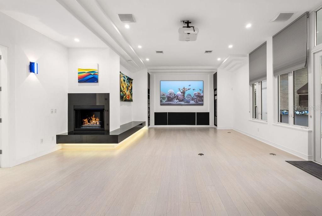 Fireplace, Interior, Recessed Lighting, Wood Texture Flooring