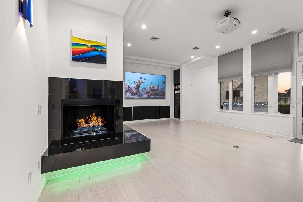 Fireplace, Interior, Recessed Lighting, Wood Texture Flooring