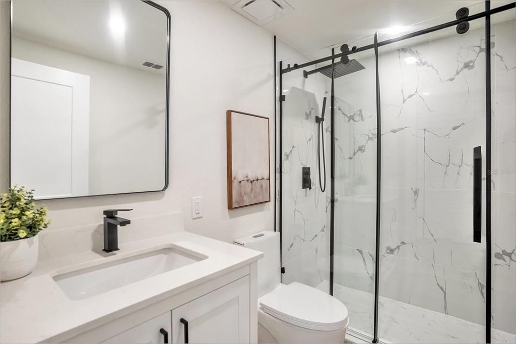 Bathroom, Glass Shower, Interior, Marble Walls, Recessed Lighting