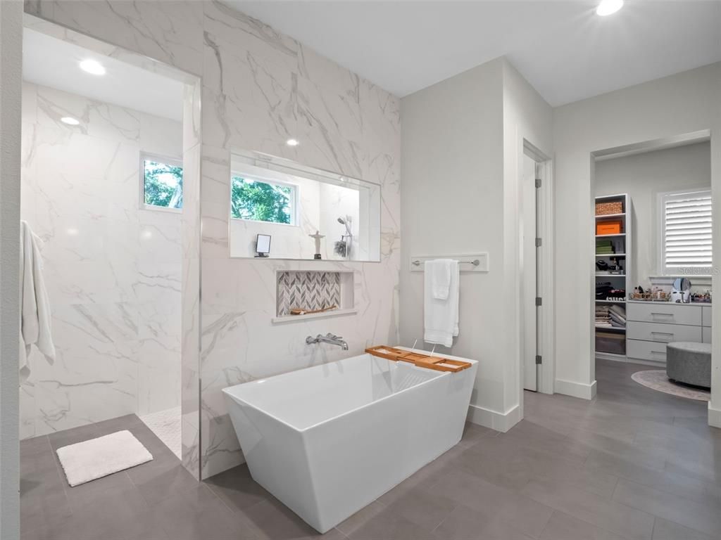 Bathroom, Free Standing Baths, Glass Shower, Interior, Marble Walls, Recessed Lighting