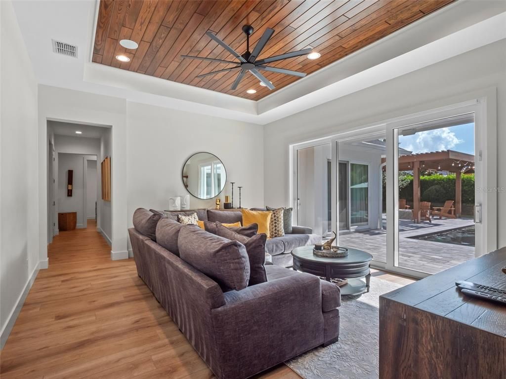 Interior, Living room, Recessed Lighting, Wooden Ceilings, Wood Texture Flooring