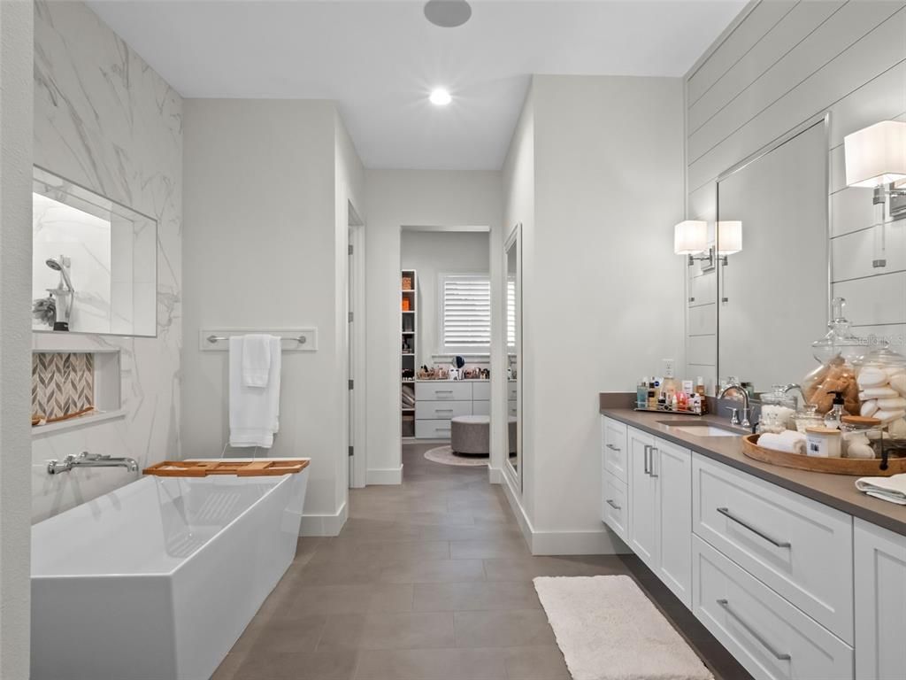 Bathroom, Dual Sink Vanities, Free Standing Baths, Interior, Marble Walls, Recessed Lighting