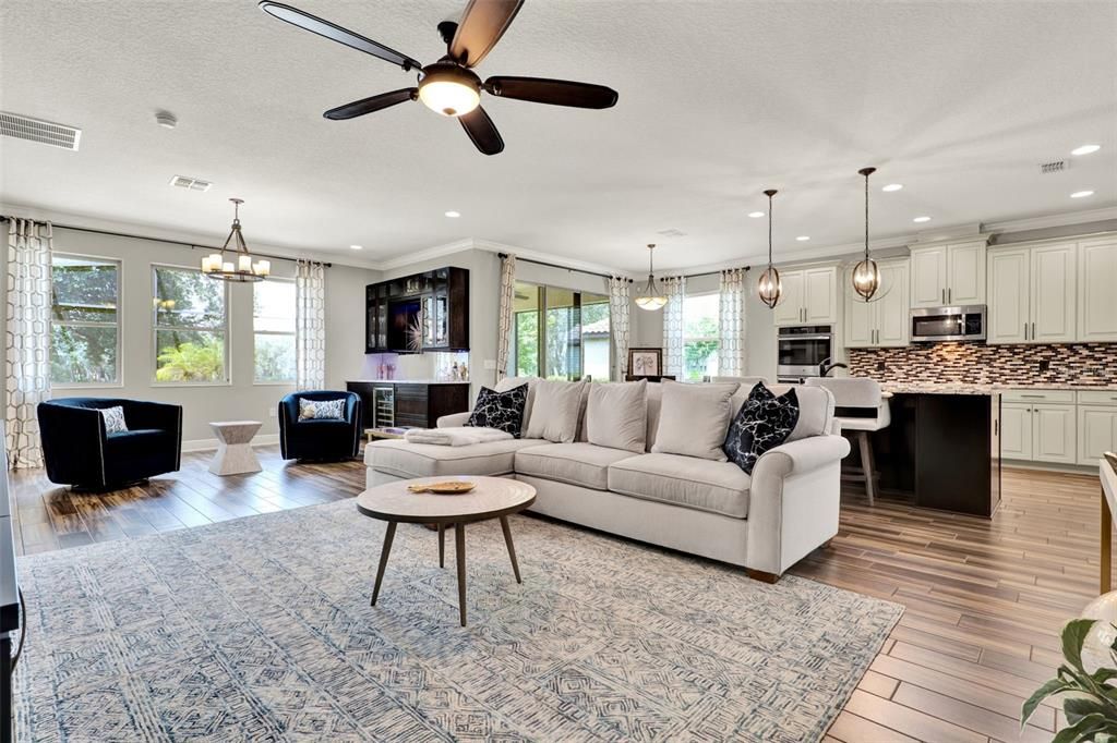 Interior, Kitchen, Living room, Pendant Lights, Recessed Lighting, Stainless Steel Appliances, Wood Texture Flooring