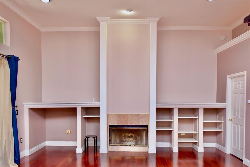 Empty room, Fireplace, Interior, Recessed Lighting, Wood Texture Flooring