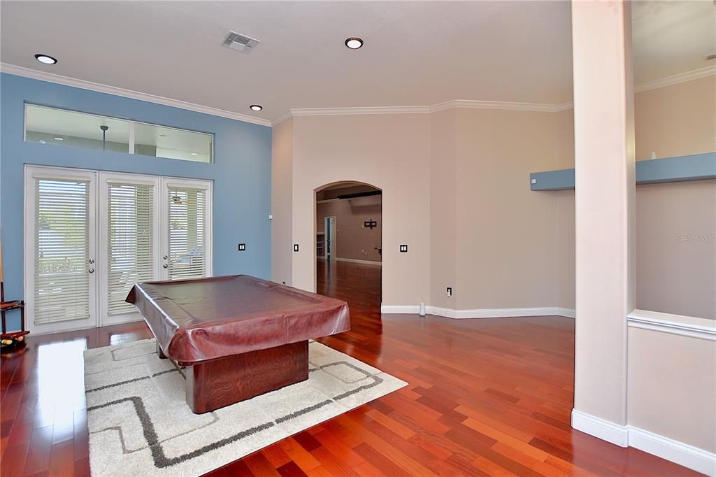 Billiard Table, Game Room, Interior, Recessed Lighting, Wood Texture Flooring