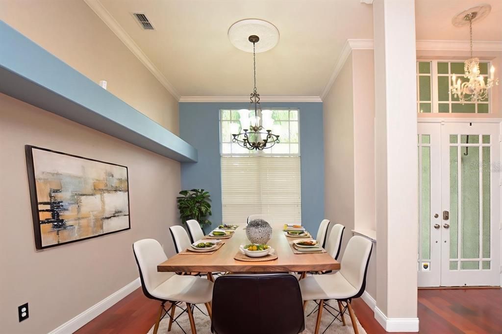Chandelier, Dining room, Interior, Pendant Lights, Wood Texture Flooring