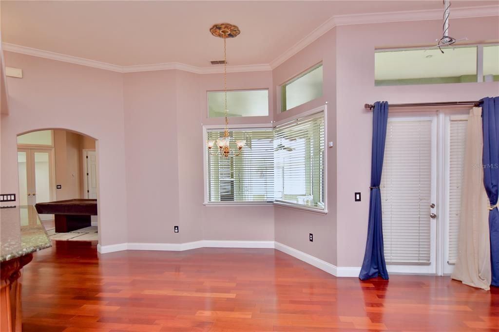 Billiard Table, Chandelier, Empty room, Game Room, Interior, Pendant Lights, Wood Texture Flooring