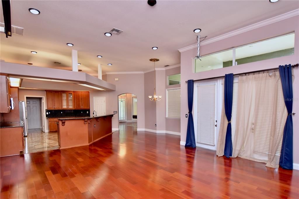 Chandelier, Empty room, Interior, Kitchen, Pendant Lights, Recessed Lighting, Wood Texture Flooring