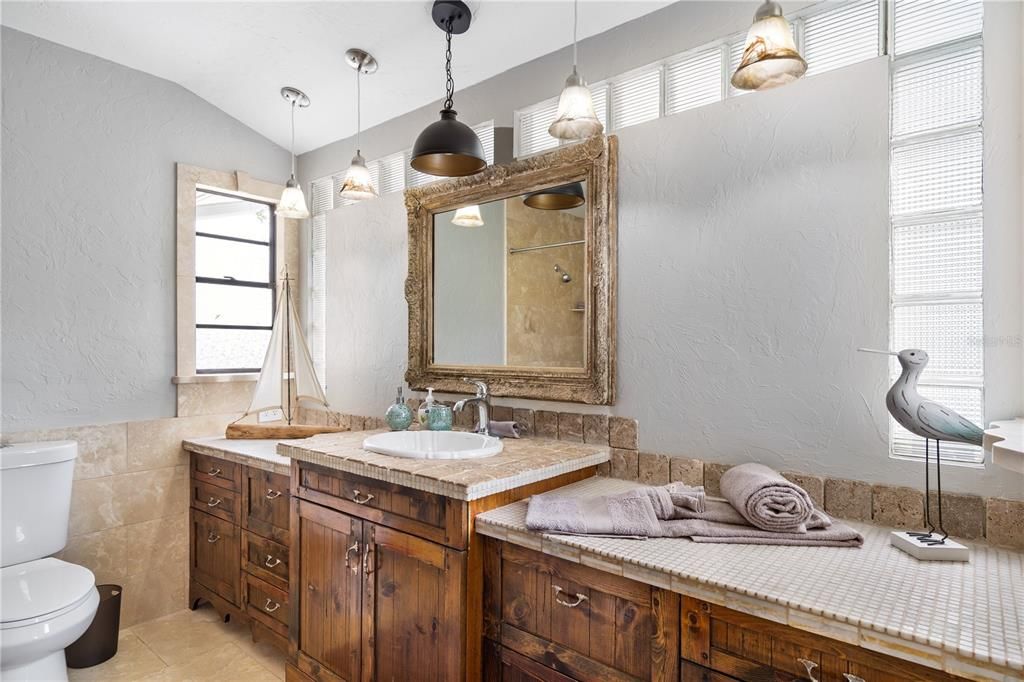 Bathroom, Interior, Pendant Lights, Tile Countertops