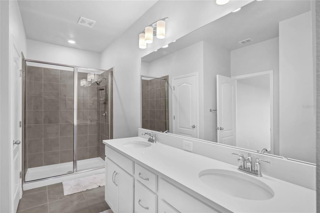 Bathroom, Dual Sink Vanities, Glass Shower, Interior, Recessed Lighting