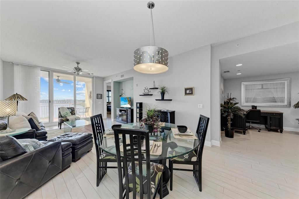 Dining room, Fireplace, Interior, Living room, Pendant Lights, Recessed Lighting, Wood Texture Flooring