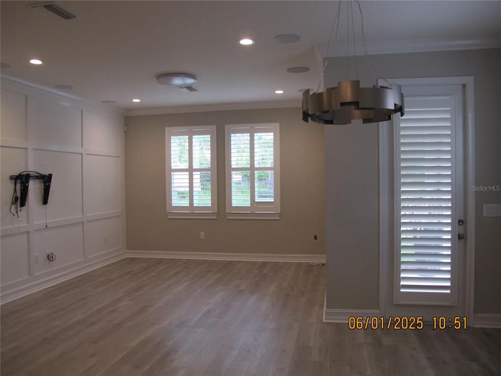Empty room, Interior, Pendant Lights, Recessed Lighting, Wood Texture Flooring