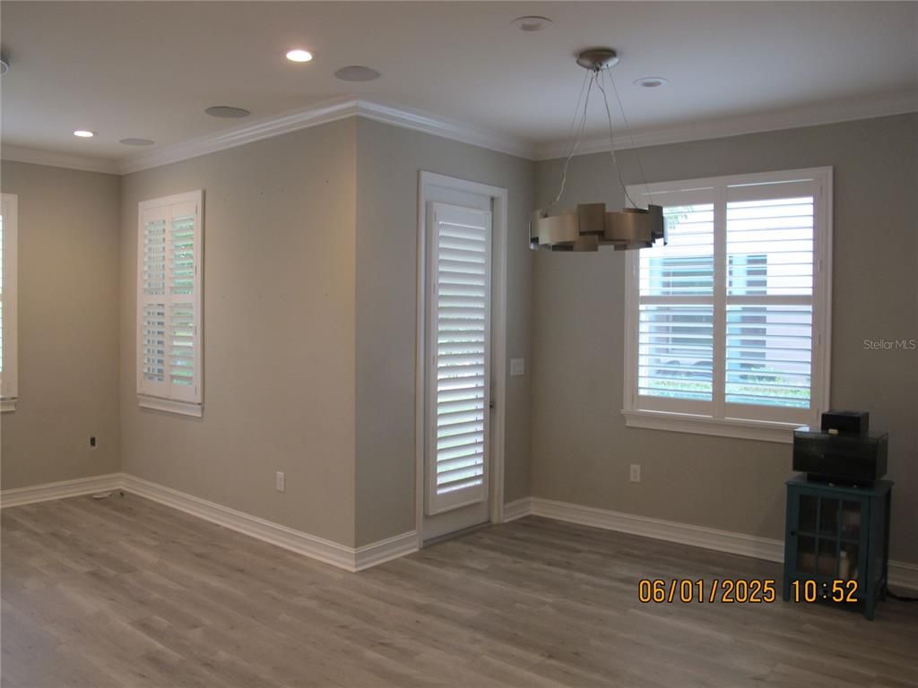 Empty room, Interior, Pendant Lights, Recessed Lighting, Wood Texture Flooring