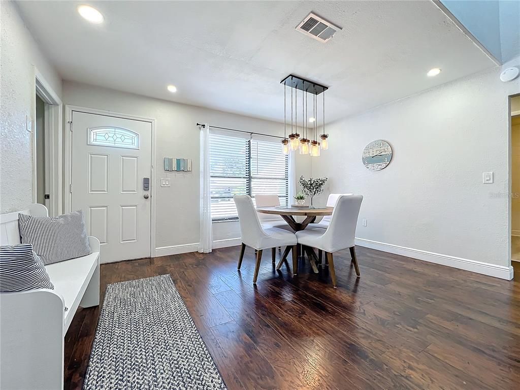 Dining room, Interior, Pendant Lights, Recessed Lighting, Wood Texture Flooring