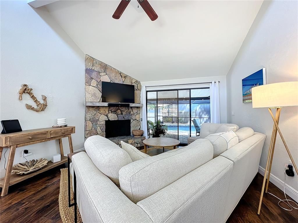 Fireplace, Interior, Living room, Stone Walls, Wood Texture Flooring