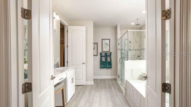 Bathroom, Glass Shower, Interior, Marble Walls, Recessed Lighting, Wood Texture Flooring