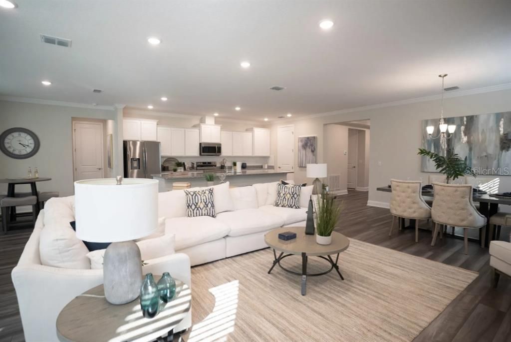 Dining room, Interior, Kitchen, Living room, Pendant Lights, Recessed Lighting, Stainless Steel Appliances, Wood Texture Flooring