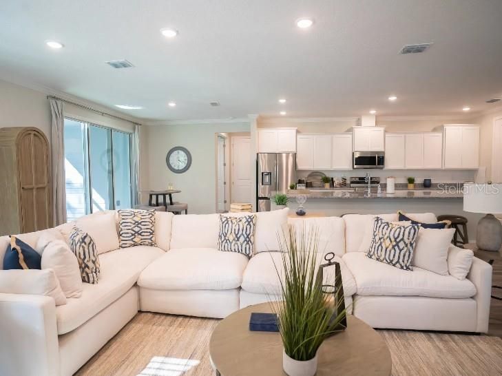 Interior, Kitchen, Living room, Recessed Lighting, Stainless Steel Appliances, Wood Texture Flooring