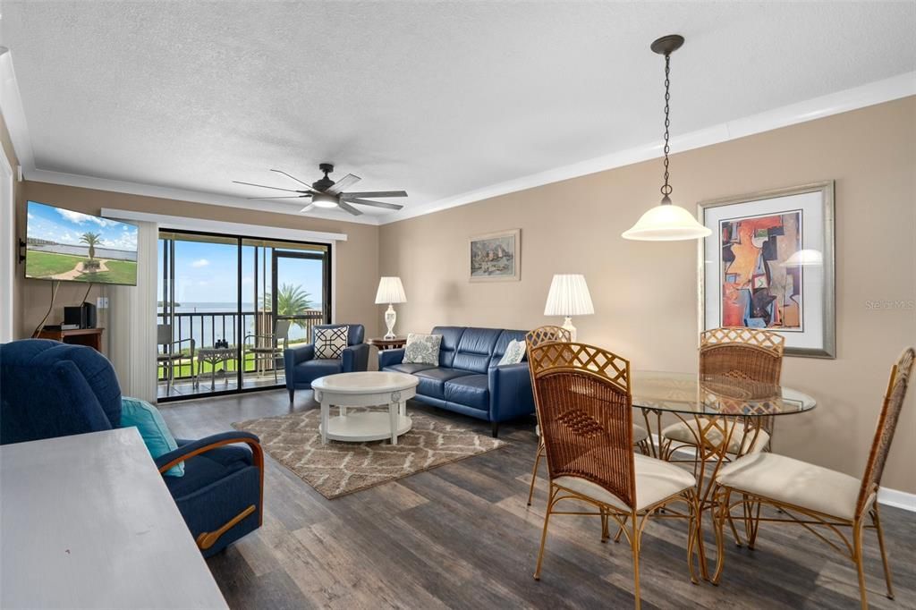 Dining room, Interior, Living room, Pendant Lights, Water, Wood Texture Flooring