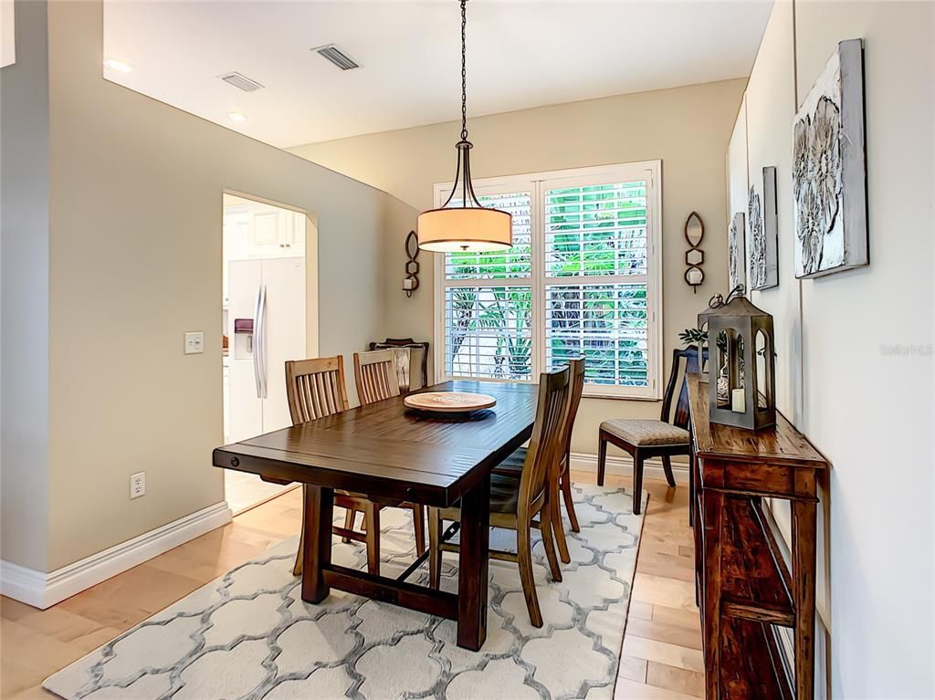 Dining room, Interior, Pendant Lights, Recessed Lighting, Wood Texture Flooring
