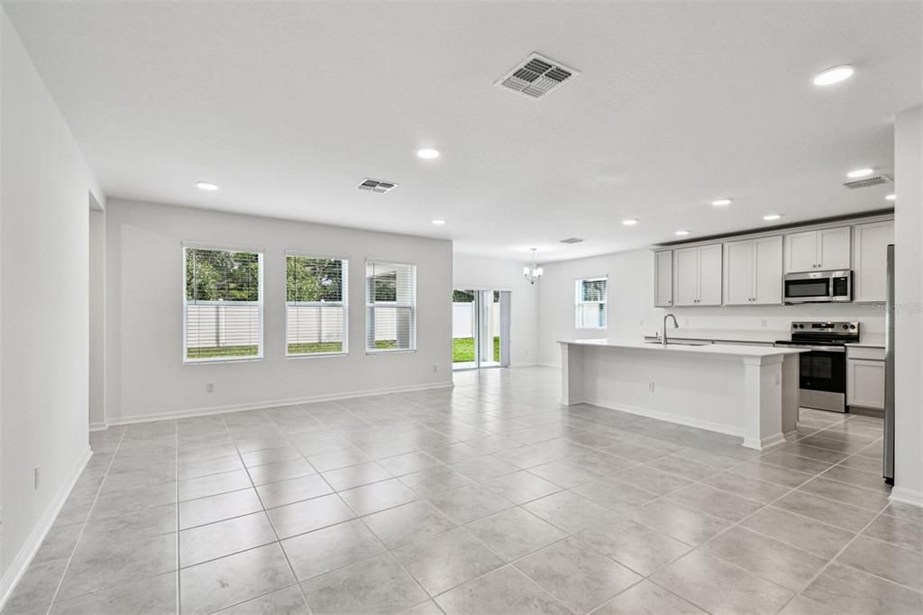 Chandelier, Empty room, Interior, Kitchen, Recessed Lighting, Stainless Steel Appliances