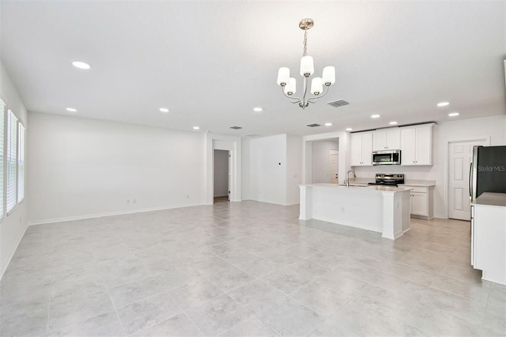 Chandelier, Empty room, Interior, Kitchen, Recessed Lighting, Stainless Steel Appliances