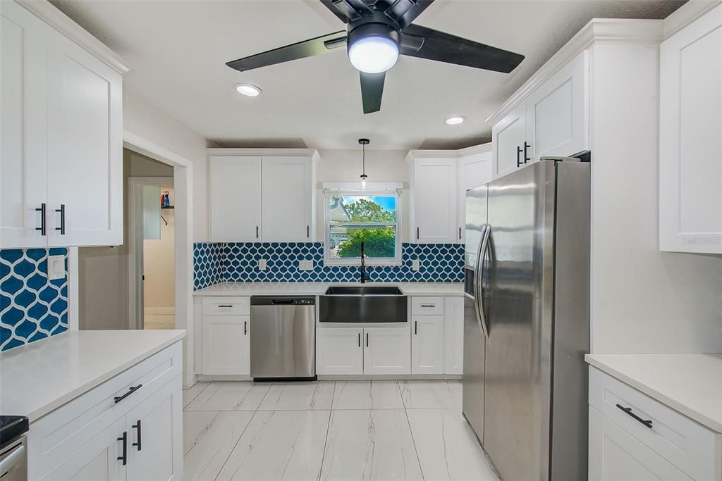 Interior, Kitchen, Marble, Recessed Lighting, Stainless Steel Appliances