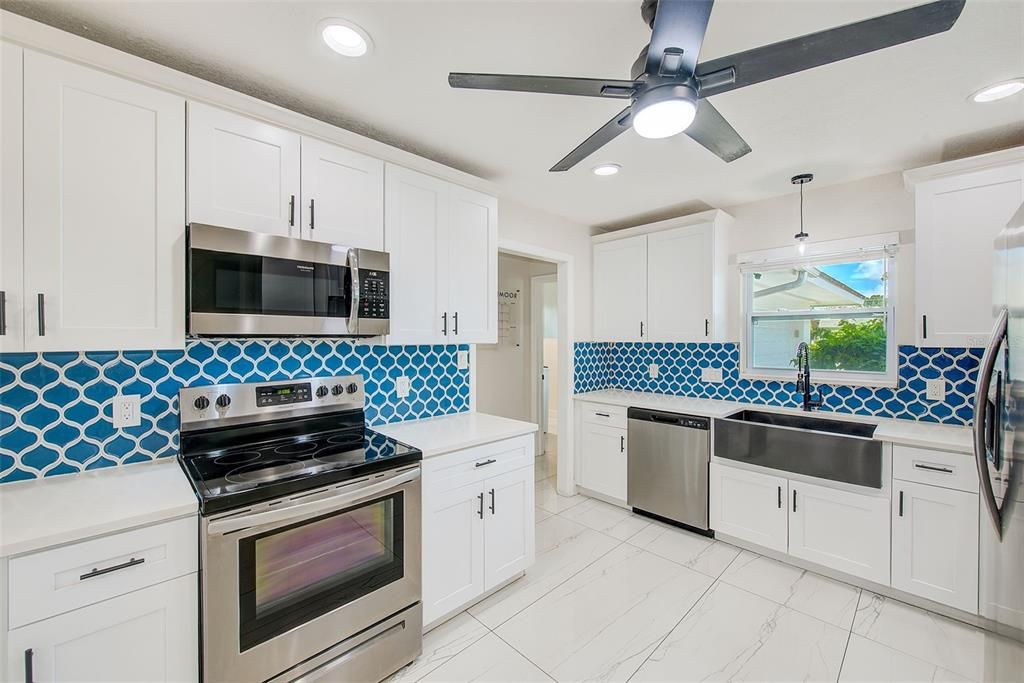 Interior, Kitchen, Marble, Pendant Lights, Recessed Lighting, Stainless Steel Appliances