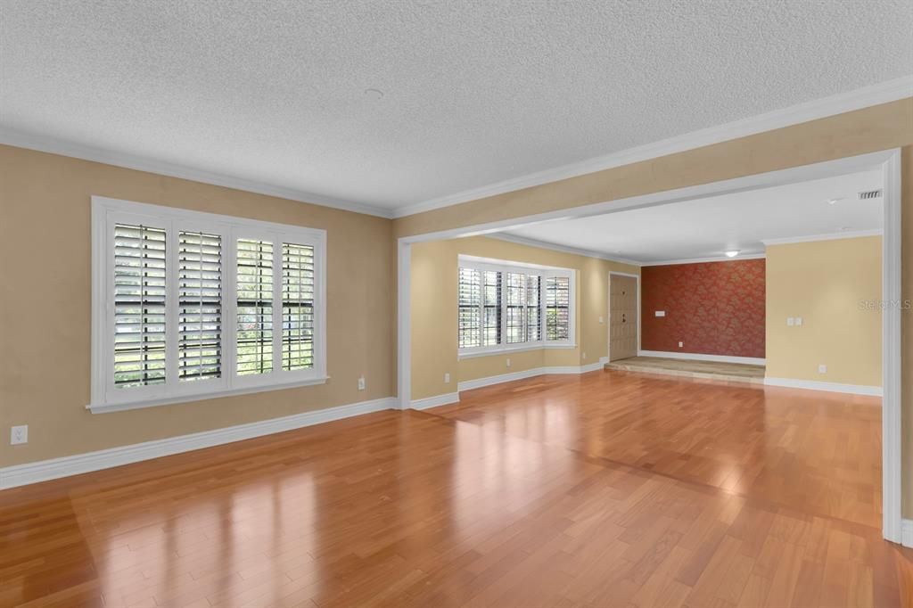 Empty room, Interior, Recessed Lighting, Stone Walls, Wood Texture Flooring