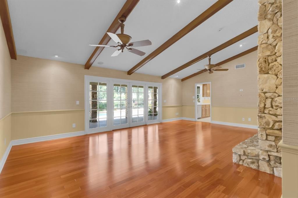 Empty room, Interior, Recessed Lighting, Stone Walls, Wooden Beams, Wood Texture Flooring