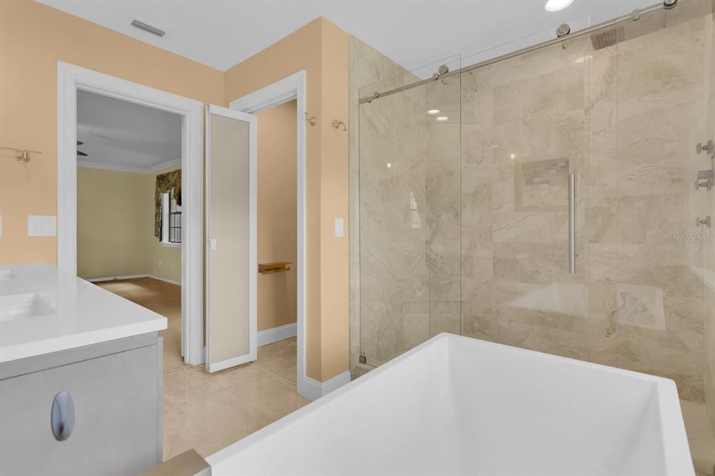 Bathroom, Glass Shower, Interior, Marble Walls, Recessed Lighting